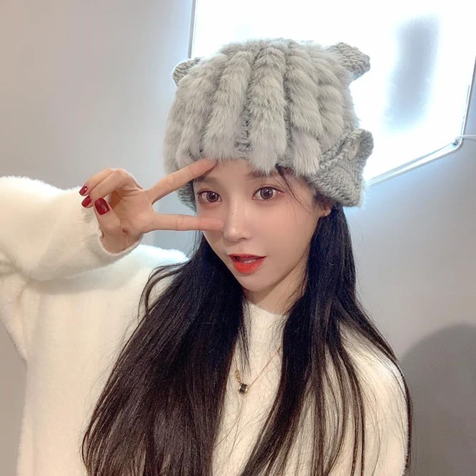 Hand Weaving Sweet  Lovely Cat Ear Hat Korean Rabbit Fur Hat Women Japanese Autumn  Winter Knitting Girl Warm Fashion Gray