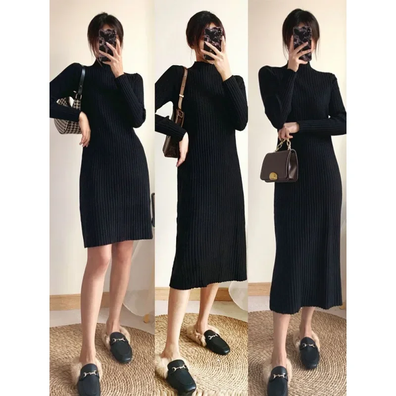 Осенне-зимнее вязаное платье свободного кроя с длинными рукавами женский свитер