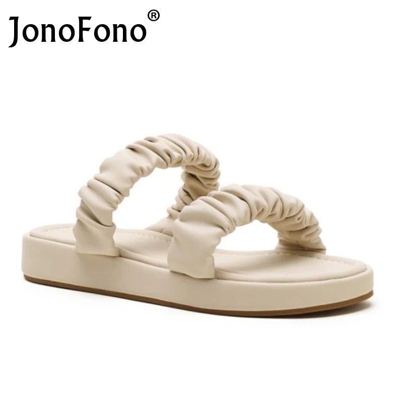 

JonoFono New Women Real Leather Shoes Slippers Platform Flip Flops Mixed Color Pleated Summer Fashion Ladies Footwear Size 34-40