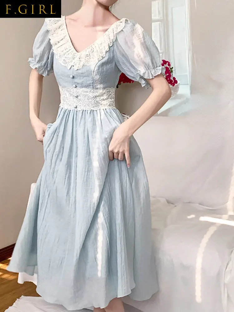 

Summer Dresses Women 2023 French Elegant Solid Midi Dress Women Basic Lace Slim Dress Vintage V Neck Puff Sleeve Dress Korean De