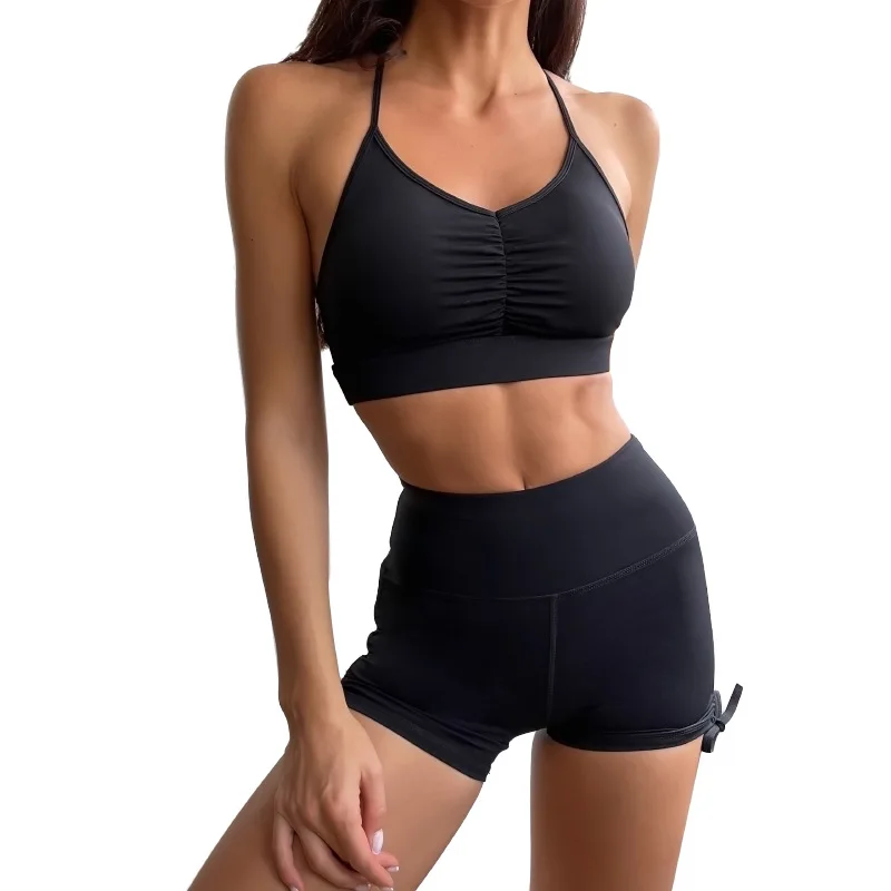 Drawstring Yoga Clothing Female High Waist Yoga Pants Set Running Suit Shorts Bra Sets Sportswear Yoga Sets Women Gym Clothes