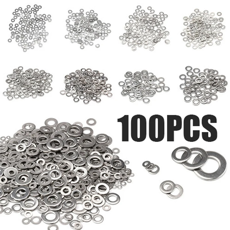 

100pcs M1.6 M2 M2.5 M3 M3.5 M4 M5 M6 M8 M10 M12 M14 M16 304 Stainless Steel Flat Washer Plain Gasket