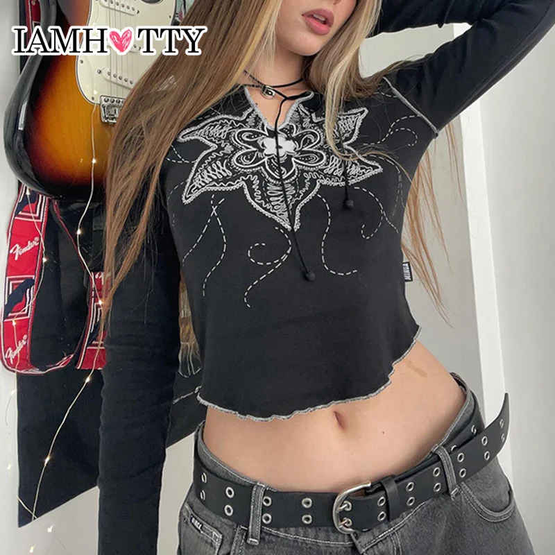 

IAMHOTTY Vintage Floral Print Cropped Top Black Fairycore Grunge Reverse Seams V-neck Slim Long Sleeve T-shirts Streetwear Tees