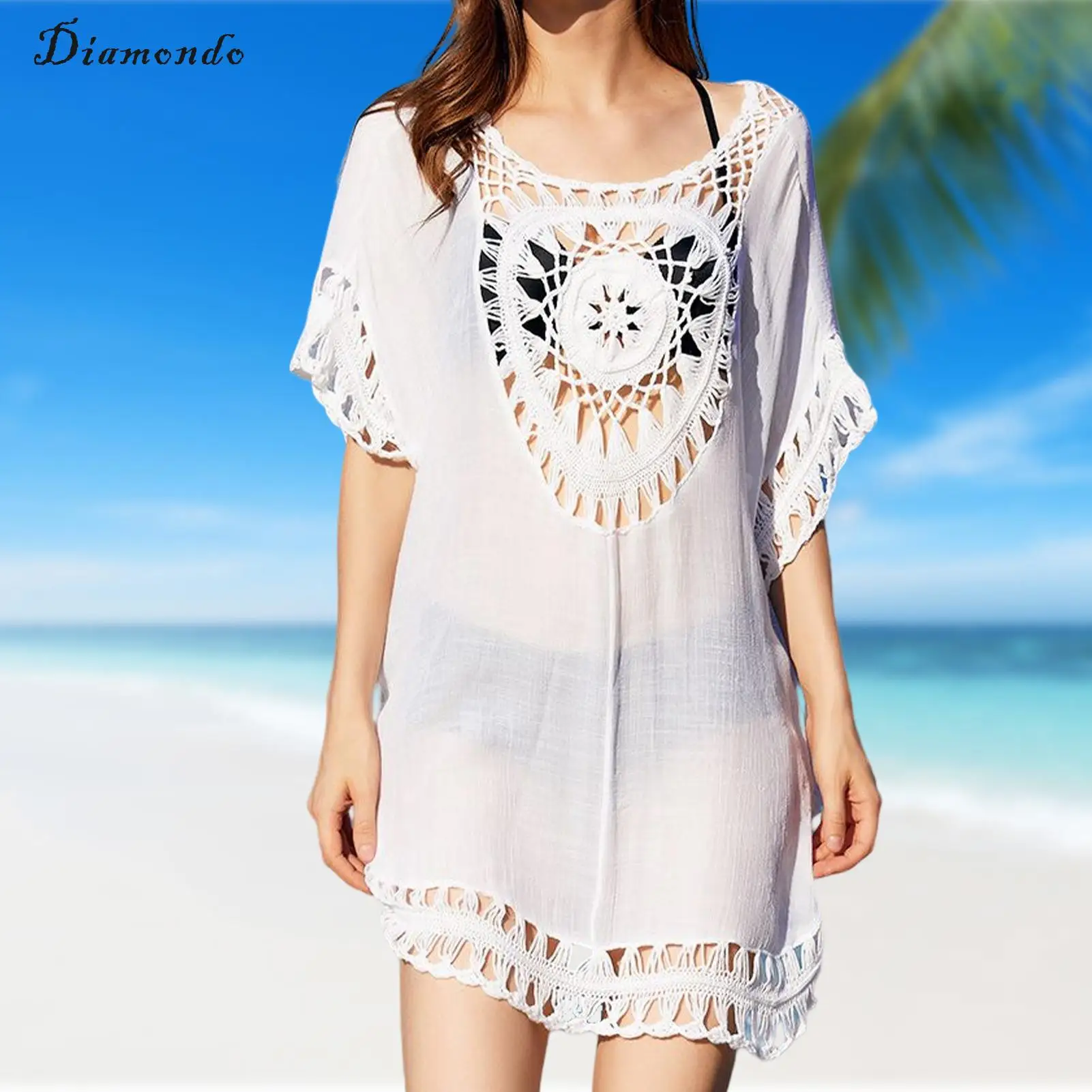 

Ажурный купальный костюм, накидка для защиты от солнца, бикини, модная накидка с круглым вырезом и коротким рукавом, европейская Солнцезащитная одежда