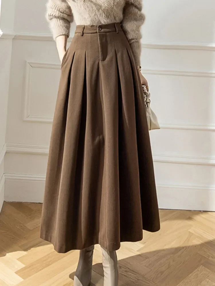 

Women Maxi Skirt Korean Elegant Office Lady Long Skirt Autumn Winter Warm Pleated Skirts Ladies Casual Loose A-Line Skirt Female