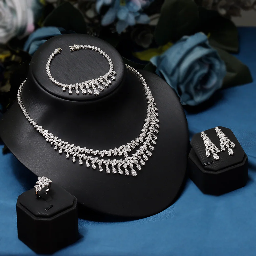 

High Quality Full Jewelry AAA CZ Zirconia Luxury Earring Necklace for Dubai Nigeria Women Bridal Weddings Engagement 4PCS Set