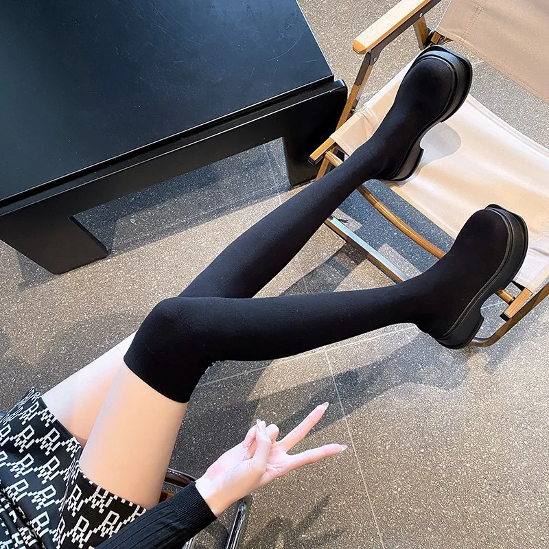 Women Leather Shoes Spring Winter High Platform Heels Elasticity Motorcycles Black Boots Goth Thigh High Boots Platform Shoes