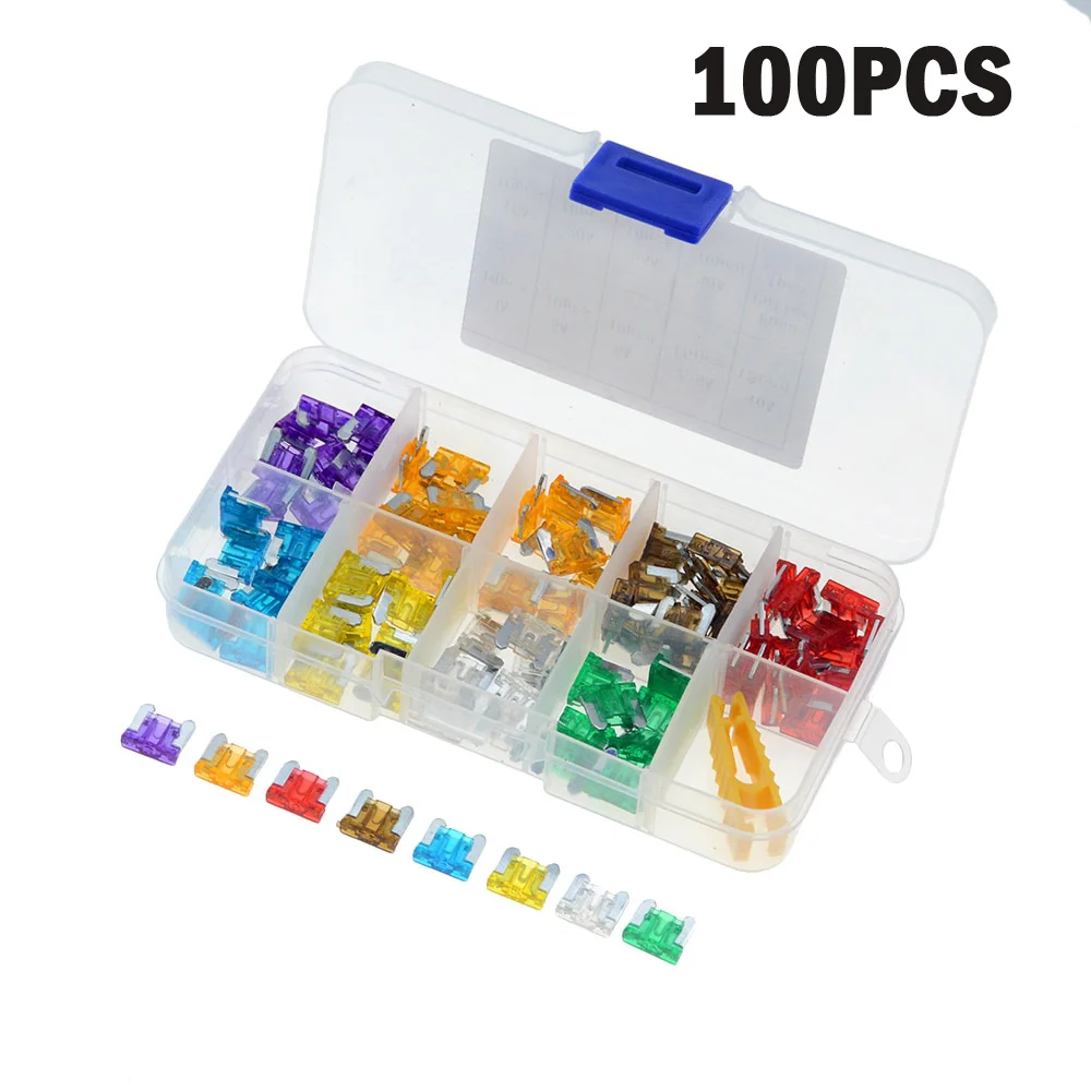 

100Pcs Zinc Car Fuse Set Profile Small Size Fuses Blade Type Fuse Auto Car Truck 2-35A Fuse with Box Clip