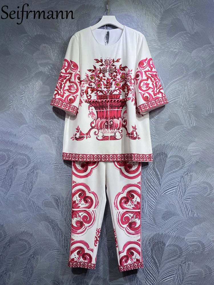 

Seifrmann High Quality Summer Women Fashion Designer Pants Sets Blue White Print Crystal Loose Tops + Elastic Waist Long Pants