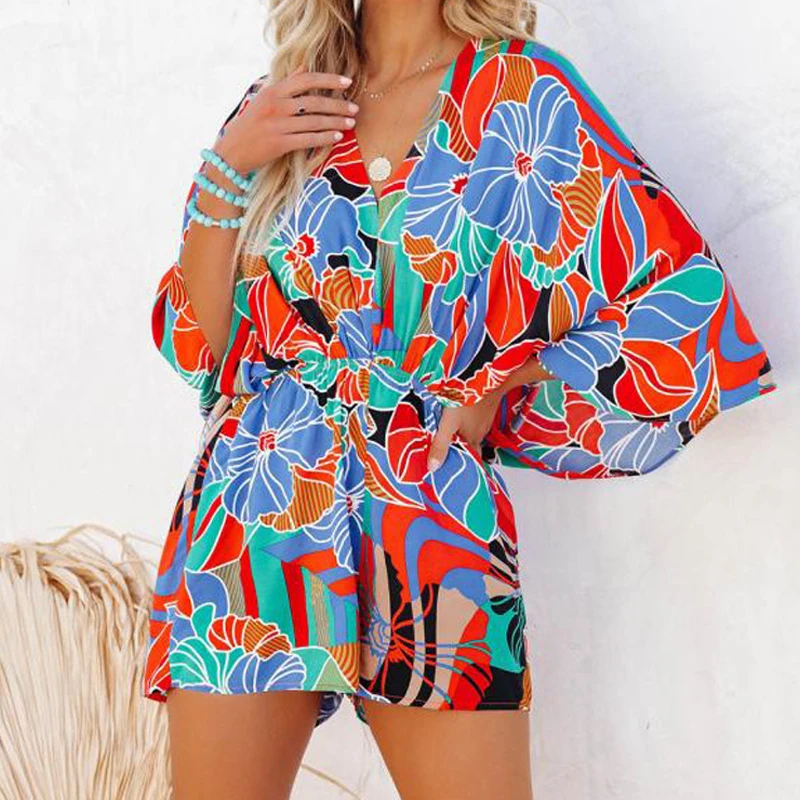

Vintage Women Shorts Romper Overalls Elegant Floral Print Loose Beach Jumpsuits Female Casual Doll Sleeve Chic Playsuits Female