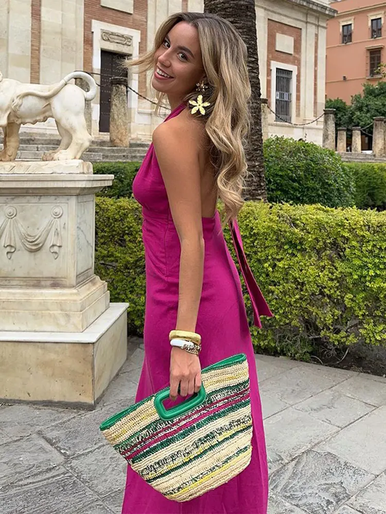 

Sexy Chic Linen Blend Women's Lace Up Midi Dress Fashion Hanging Neck Collar Backless Vestido 2023 Summer Female High Streetwear