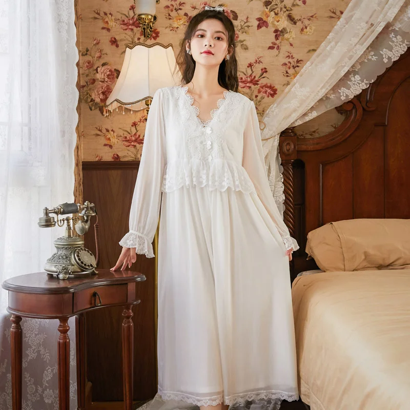 Long sleeve modal nightdress women's Spring Court style mesh Princess embroidered lace household clothes can be worn outside