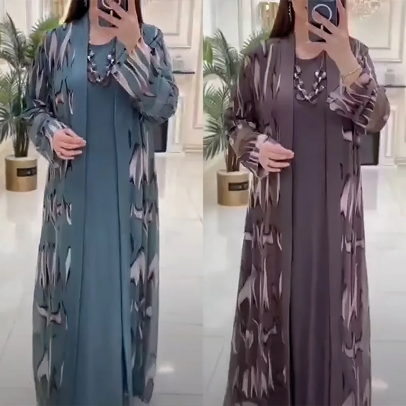 Muslim Women Abaya Dress Islam Clothing 2023 New Print Kimono Cardigan Robe 2-piece Sets Femme Morroco Caftan Long Maxi Dress