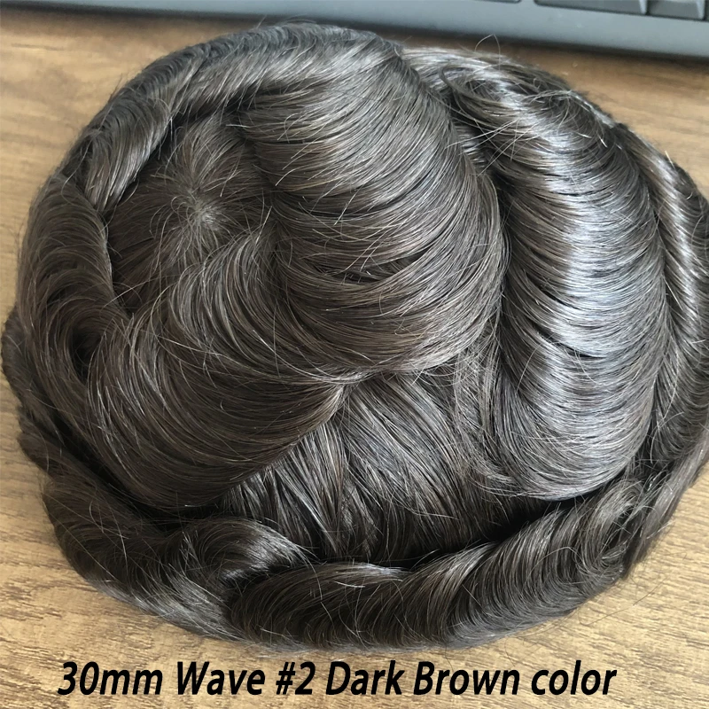 Фото Strong Skin Base Jet Black 30 мм Wave Natural Hairline Мужские парики из натуральных волос Длительная полностью поликожаная основа Мужская система волос Toupee №4