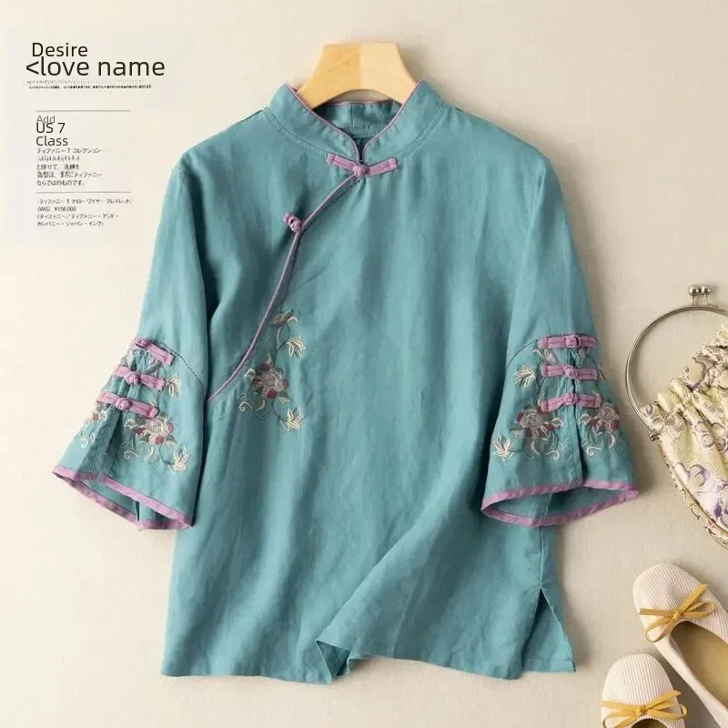 Рубашка из хлопка и льна в стиле ретро с диагональными полосками на пуговицах