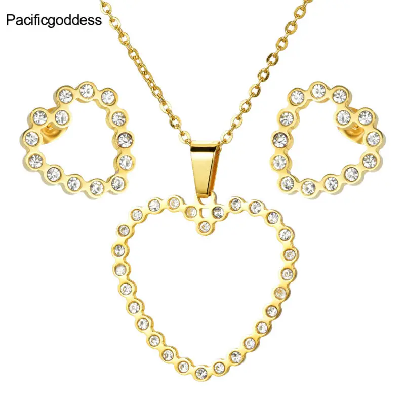 

Romantic Heart Pattern Crystal Earrings Necklace Set Silver Gold Plated Chain Jewelry Sets Wedding Jewelry Valentine's Gift