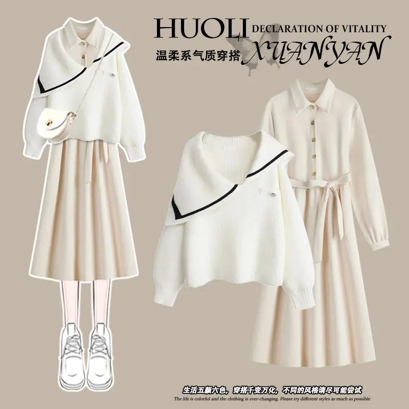 

Women Dress Set Korean Fashion Knitted Sweater Crop Tops + High Waist Skirts Fashion Two Piece Suits Matching Set