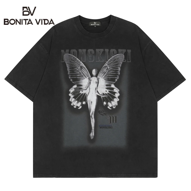

2022 Punk Dstressed Streetwear Tshirt Hip Hop Vintage Butterfly Girl Print Gothic T-Shirts Men Harajuku Casual Short Sleeve Top