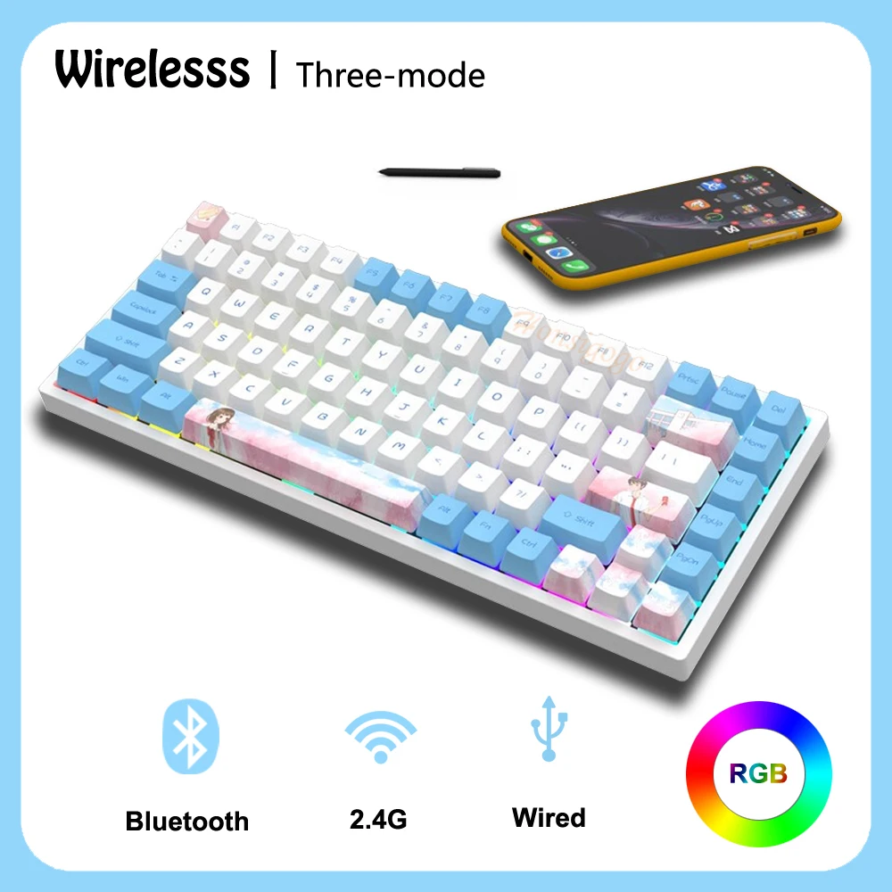 

75 Percent 84 Keys Sweet Cute Anime Blue White RGB Backlit Mechanical Keyboard Bluetooth Wireless Hotswap For Gamer FL Esports