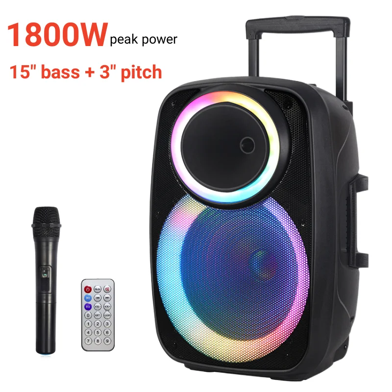 

1800W Peak Power Rechargeable Outdoor Trolley Subwoofer 15 Inch Big Horn Dj Speakers Karaoke Portable Speakers with Wireless Mic