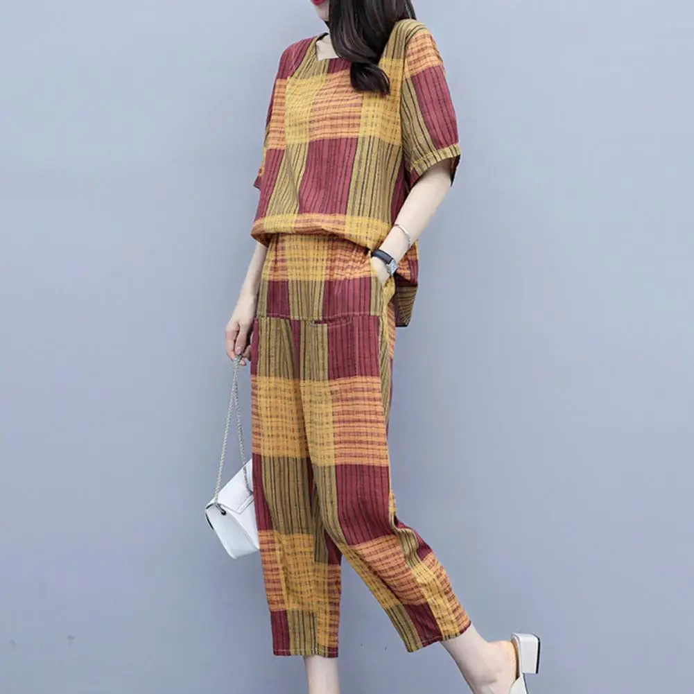 

2 Pcs/Set Summer Mother Set Trendy Soft Women Top Pants Set Quick Dry Loose Women Top Pants Set