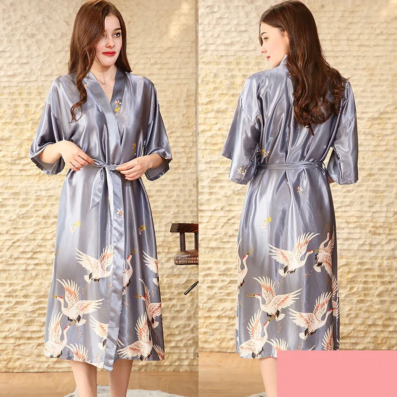 Women Satin Silk Sleepwear Swan Printed Short Sleeve Maxi Robe Dress Nightgown Pajamas