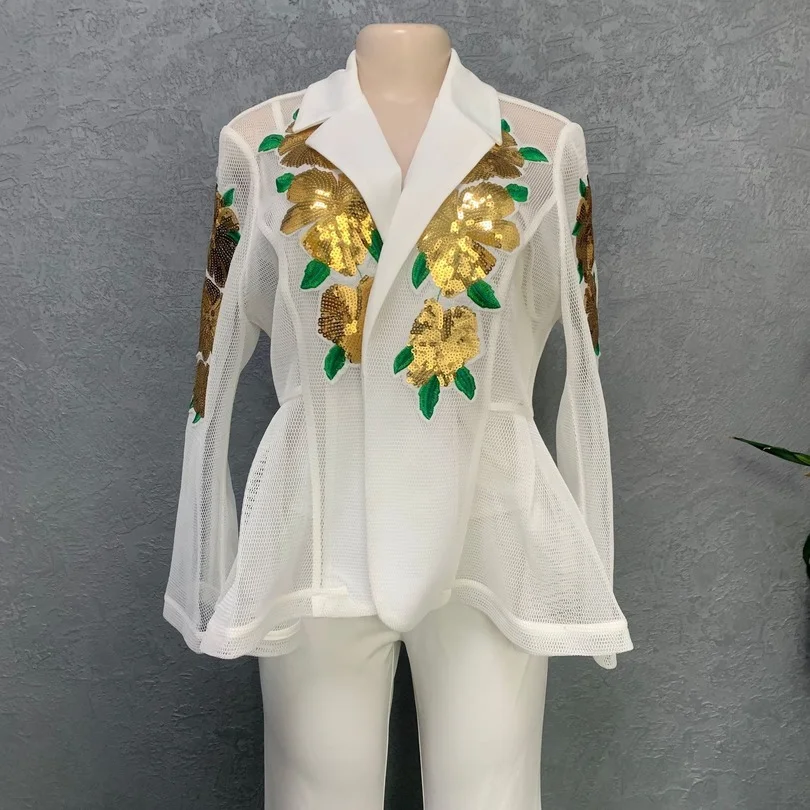 

2022 Hot High-end Retro Embroidery Mature Office Lady Loose Full Sleeve + Long Straight Pants Slim 2 Piece Set For Women