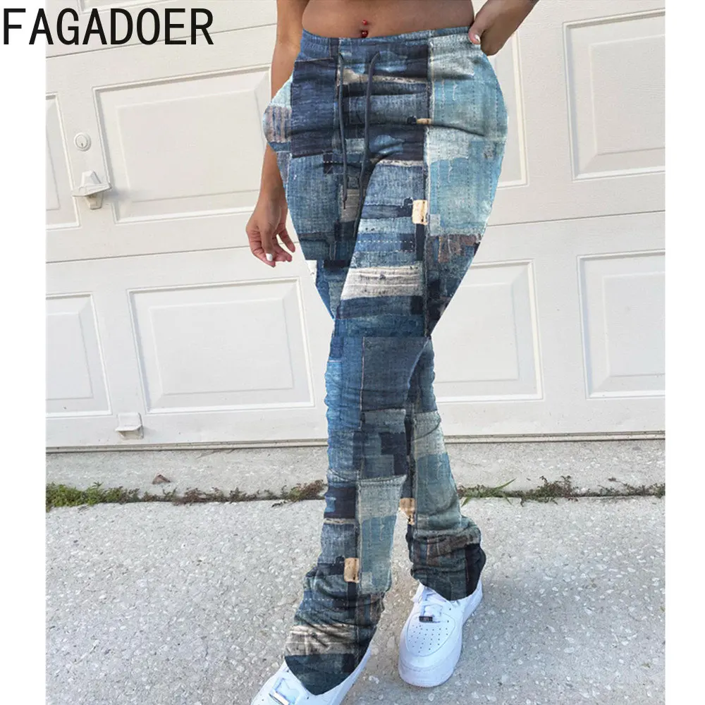 

FAGADOER Women Pencil Pants Autumn High Waist Jeans Pure Color Lace-up Washed Denim Drawstring Cowboy Pants Casual Long Trousers