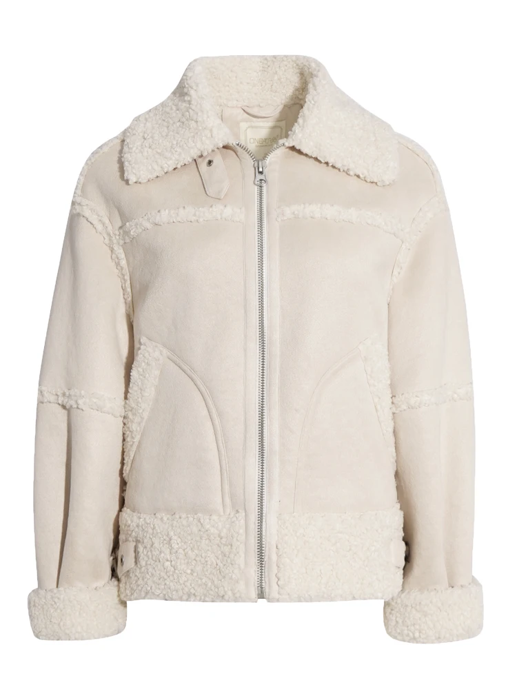 One-T 2022 Winter Women Faux Fur Plush Jackets Thick Fleece Warm Coats White Turn-Down Collar Zipper Fashion Casual Overcoats