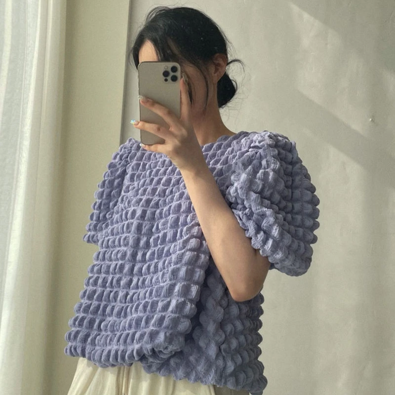 Модные блузки Komiyama с круглым вырезом пышными короткими рукавами летние