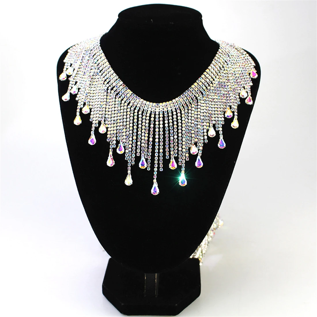 

45CM Good Quality Silver Plating Fringe Chain AB Rhinestone Water Drop Tassel Sew on Crystal Embroidered Appliques for Dresses