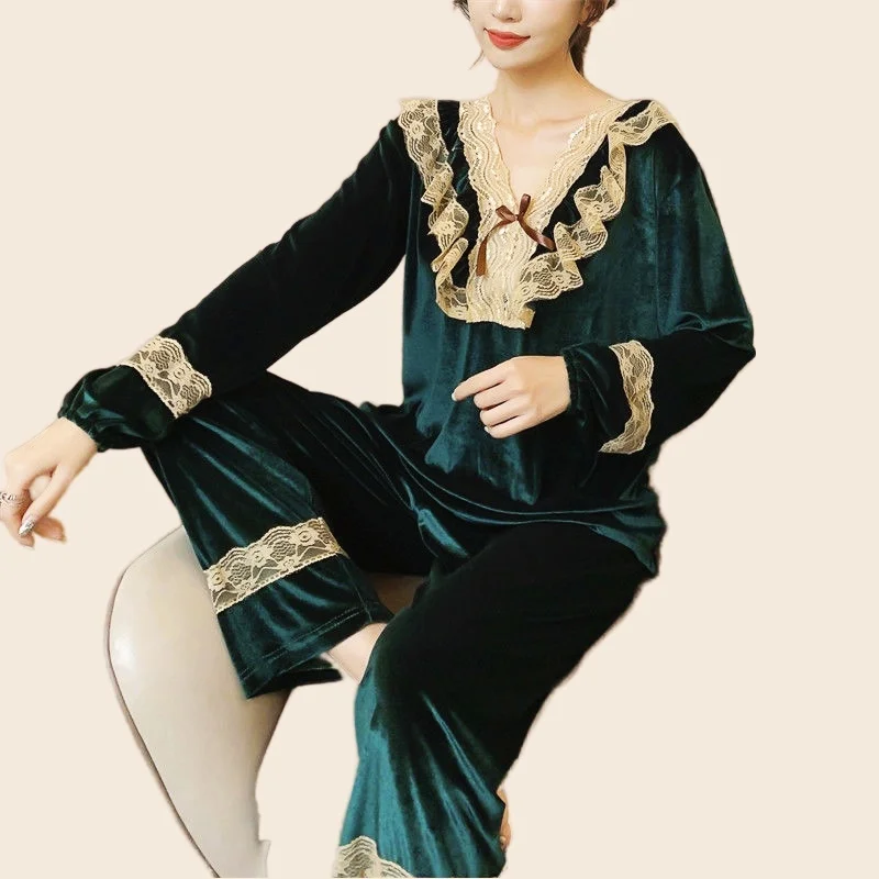 Women's Pajamas Set Soft Velvet Lace Bow Pyjama Homewear Cozy Spring Sexy Leopard Print Sleepwear Big Size 2PCS/Set Femme Pjs