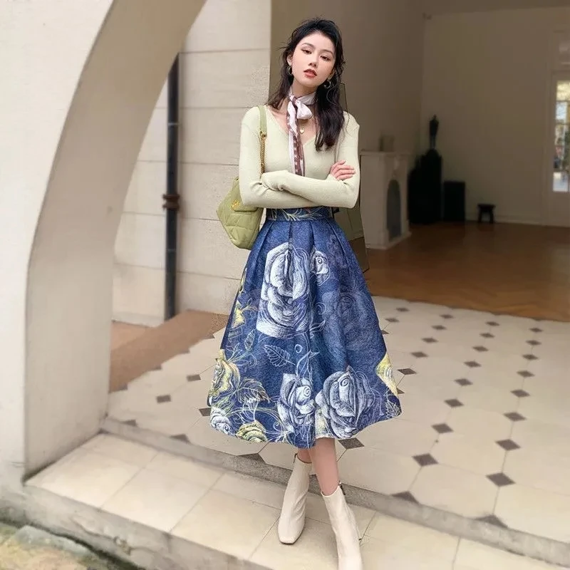 

Faldas Spring Summer Korean Women Clothes Chic Elegant Vintage Fashion Aesthetic Oil Painting High Waist Long Midi Skirt Female