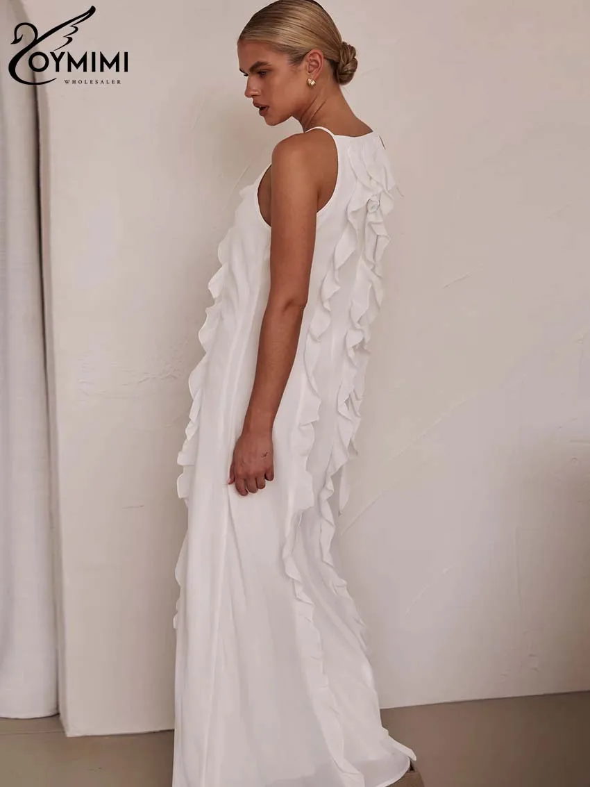 Oymimi повседневные белые платья с рюшами 2024 женские модные без рукавов на тонких