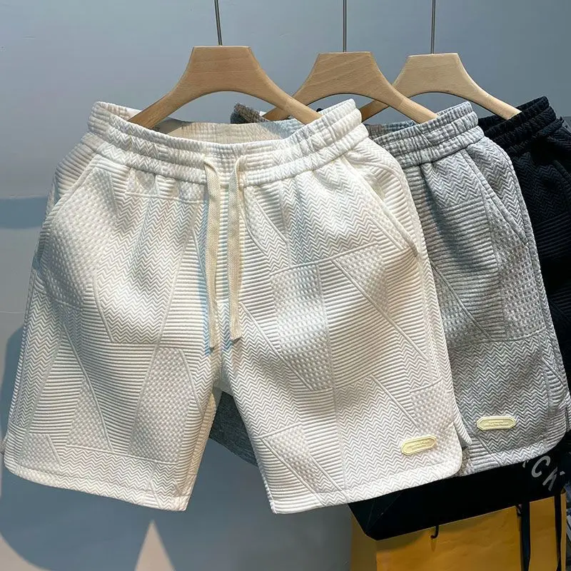 

Summer Running Waffle Sports Shorts Men's Wave Pattern Solid Color Split Pants Fashion Brand Drawstring Loose Dry Beach Pants