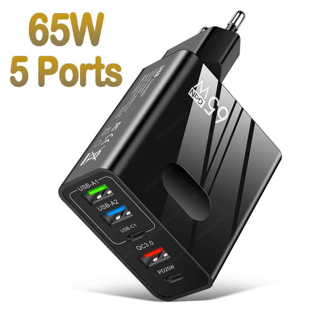 

65W GaN USB Charger PD Type C Quick Charge 3.0 Phone Charger Adapter For iPhone Xiaomi Samsung Huawei 5 Ports USB C Wall Charger