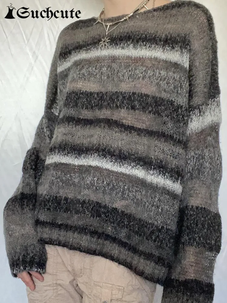 

SUCHCUTE Harajuku Striped Print Sweater Women Autumn Winter Grunge Preppy Style Oversize Basic Pullovers Vintage Streetwear 2022