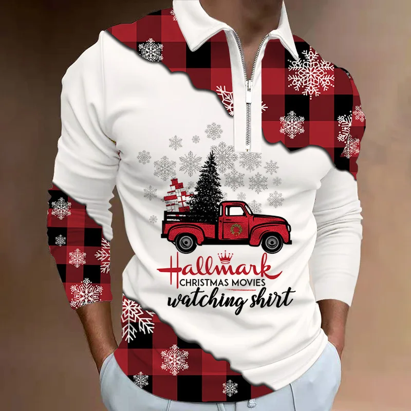 

Christmas Men's Casual Autumn Long Sleeve Polo Shirts Men Male Zip Tee Shirt Men Tops Street Golf Clothing Clothes For Men 2022