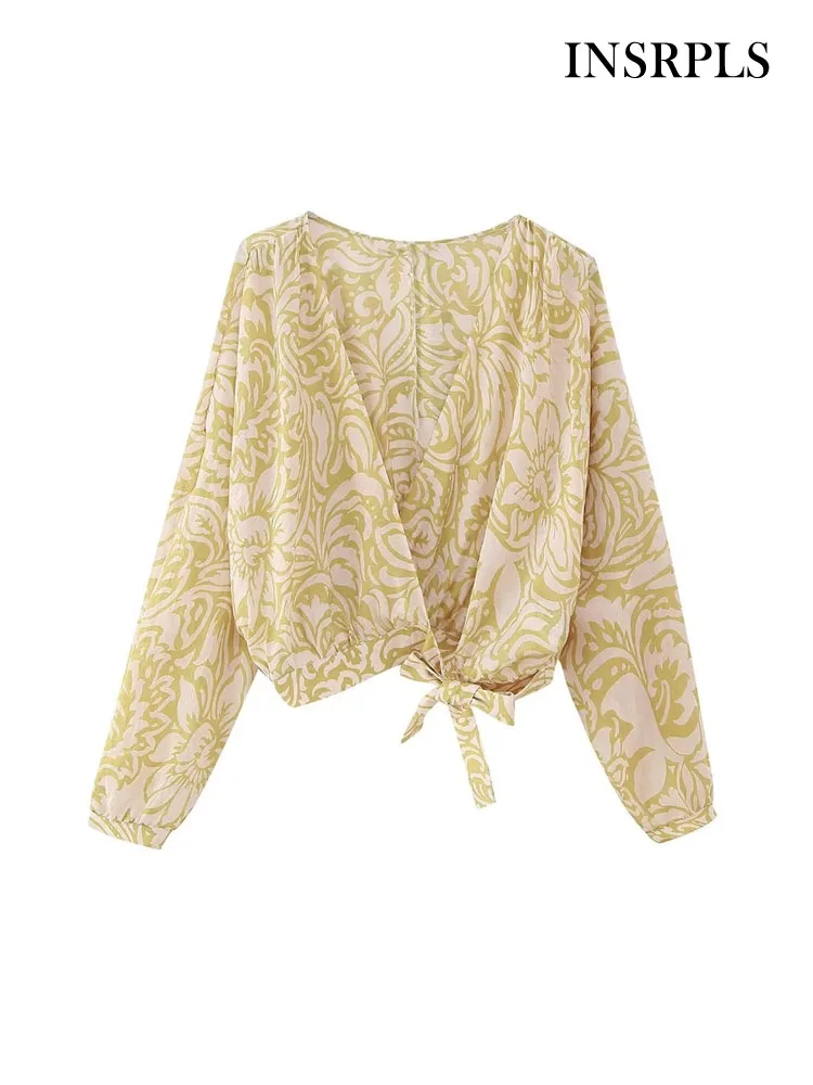 

INSRPLS, Женская мода с принтом на завязках, Женская винтажная рубашка с V-образным вырезом и длинным рукавом, блузы, шикарные топы