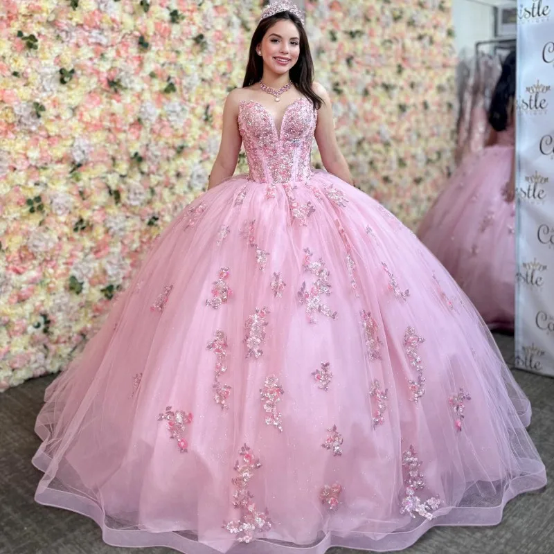 

ANGELSRIDEP 2024 розовые платья Quinceanera с блестящими бусинами кристаллами со шлейфом вечерние бальные платья для девочек на день рождения