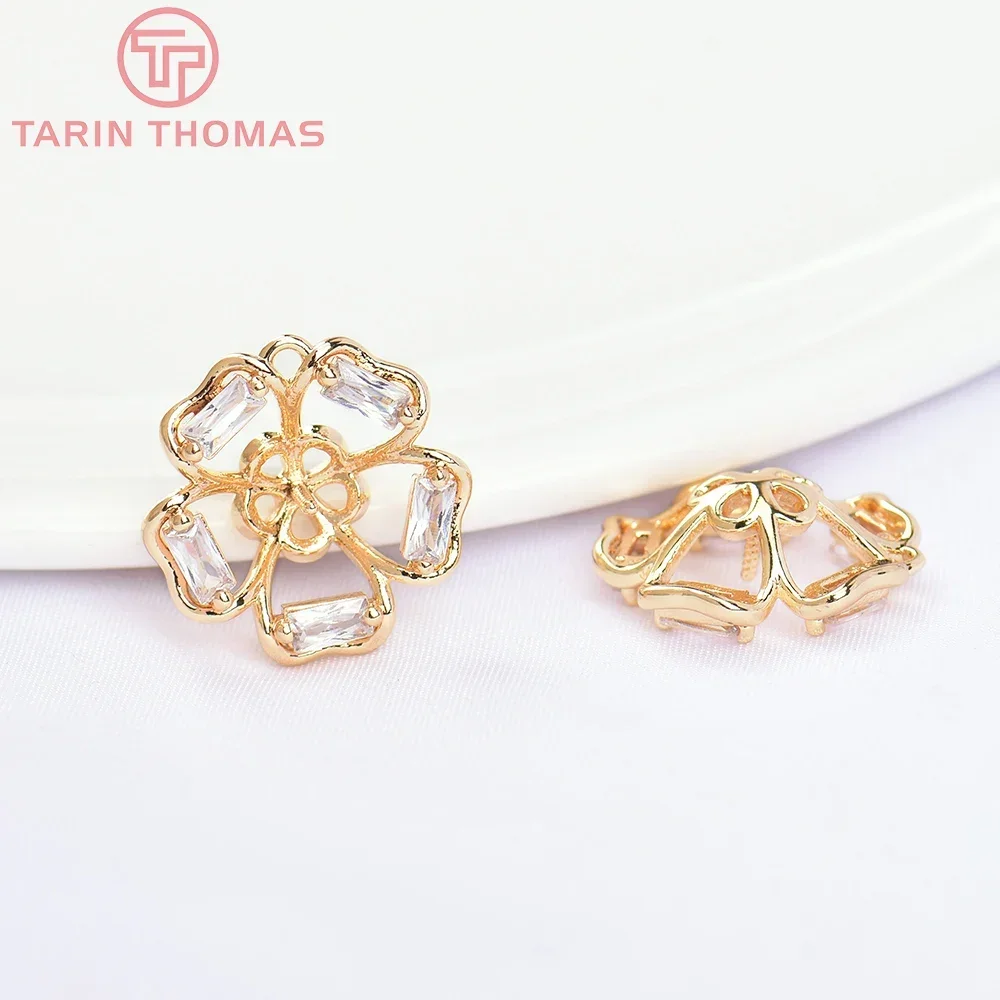 (5782) 4 шт. 16 мм 24 К золотой цвет латунь с цирконом подвески в виде цветов высокое