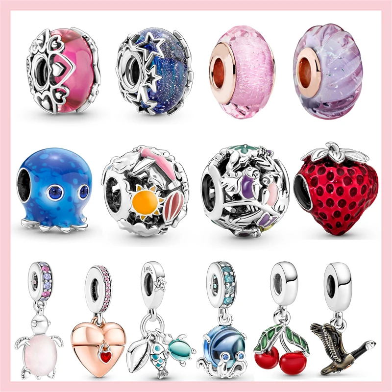 

925 Silver Fish Sea Turtle Murano Glass Octopus Charms Pink Flower Heart Beads Fit Original Charm Bracelet Jewelry Making