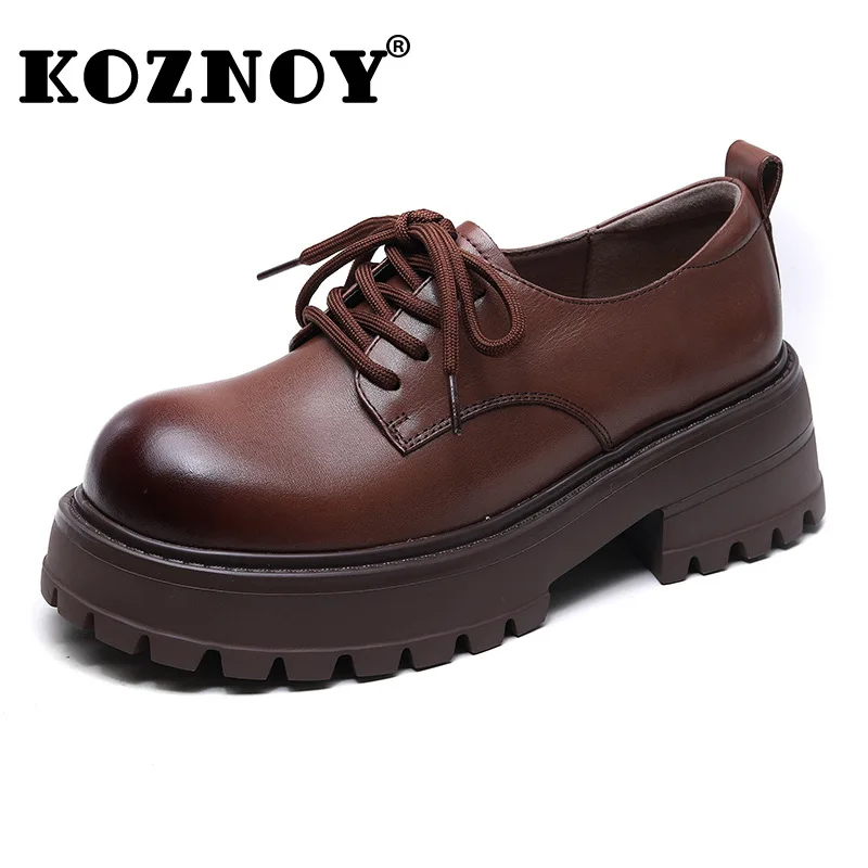 

Koznoy 6cm New Retro British Natural Cow Genuine Leather Women Moccasins Rubber Lace Up Spring Autumn Platform Wedge Comfy Shoes