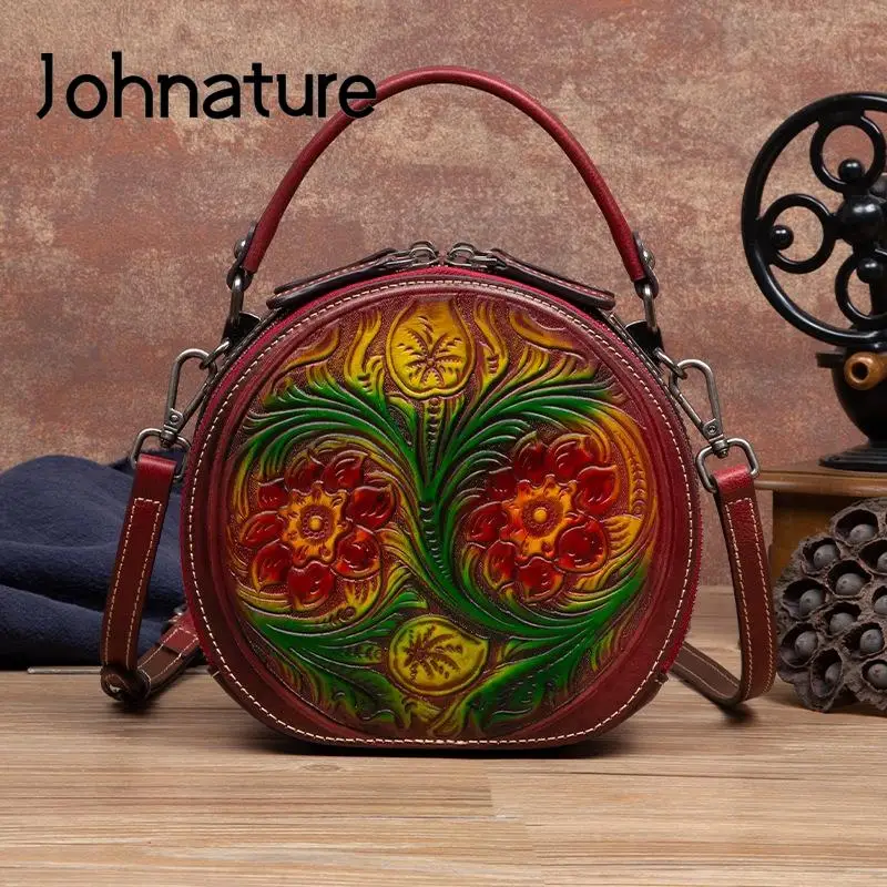 Johnature Genuine Leather Women Bag 2022 New Vintage Floral Natural Cowhide Handbag Handmade Embossed Circular Shoulder Bags