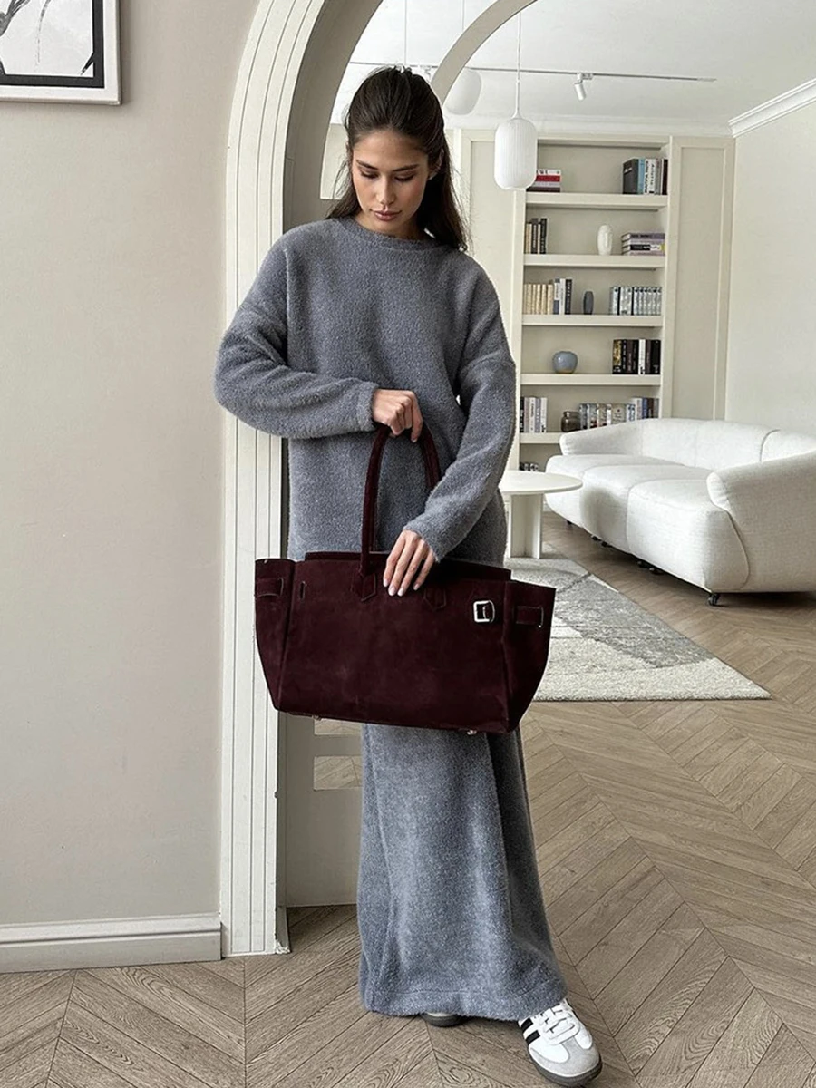 Осень-зима однотонный вязаный комплект из 2 предметов женский свитер с круглым