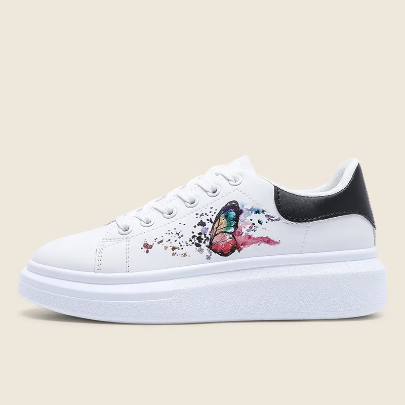 New Women Shoes Colorful Butterfly Pattern Decoration Casual Sneakers Thick-soled Height-enhancing White Shoes Lace-up Non-slip