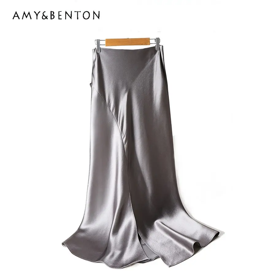 Irregular Acetate Satin Skirts French Elegant Split Mid-Length Sheath Fishtail Summer Skirt Fashion Clothing Above Knee Skirts