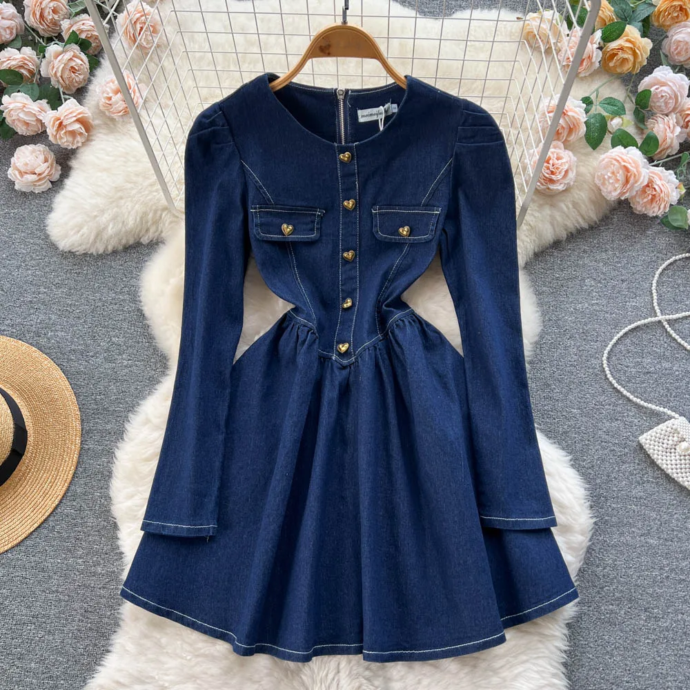

Elegant Women Denim Dress Retro Fashion O-Neck High Waist Mini Vestidos New Korean Style A-Line Dresses
