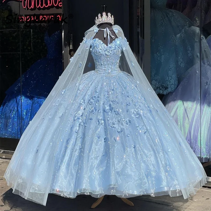

Sweet 16 Sky Blue Princess Quinceanera Dress With Cape Applique 3D Floral Crystal Beading Ball Gown Vestidos De 15 Anos Corset