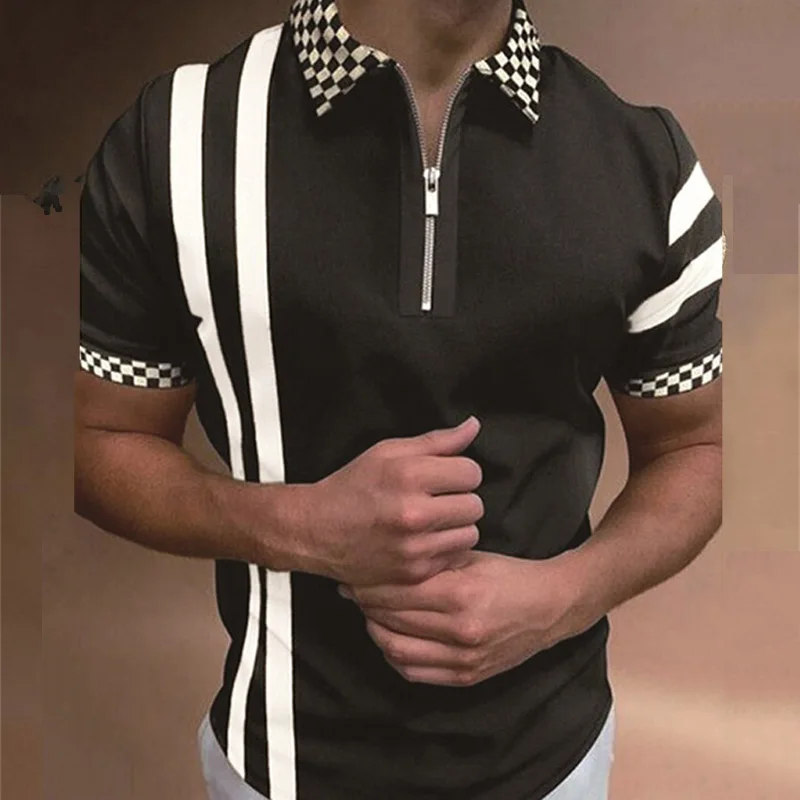 

Рубашка-поло мужская с принтом, Повседневная модная блуза с коротким рукавом, с молнией и открытым воротником, лето